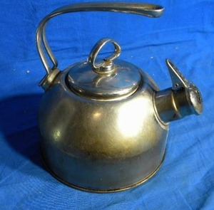 lot 5 image: Old Fashioned Stainless Steel Tea Kettle with Tone Hohner Whistle