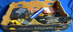 lot 34 image: Assortment of Drill Bits Safety Box with Key Saw and Miscellaneous Items