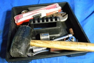 lot 57 image: Box of Ratchets Rubber Mallet Hammer and More