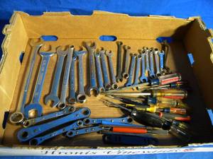 lot 46 image: Box Full of Wrenches of All Sizes and Multiple Screwdrivers