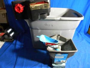 lot 76 image: Miscellaneous Lot (10 Qt Drain Container Multi-Purpose Hand Spreader and Funnel)