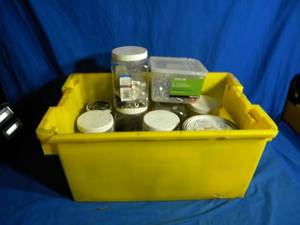 lot 77 image: Yellow Tote of Nails, Screws, and Bolts