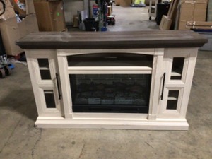 lot 2 image: StyleWell Chelsea 62 in. Freestanding Electric Fireplace TV Stand in Light Taupe Ash Grain w Dark Brown Ash Top, Has scratches, Customer return, Review all pictures