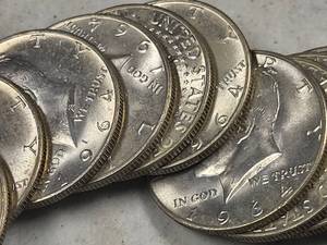 BU ROLL OF 1964 KENNEDY 90% SILVER HALF DOLLARS 20 COINS end roll toning