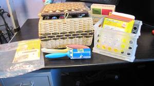 Wicker basket and tote of sewing su...