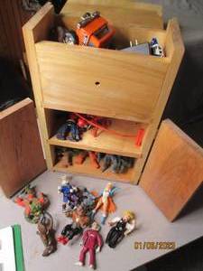 Wood case filled with toys...