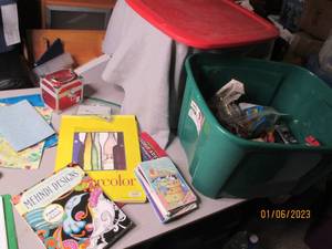 Covered tote of crafts, wax melts, ...