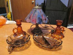 Antique stained glass small desk la...