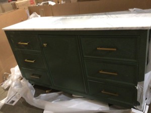 lot 28 image: Legion Furniture 60 in. W x 22 in. D Vanity in Vogue Green with Marble Vanity Top in White with White Basin with Backsplash, Customer return, Review all pictures