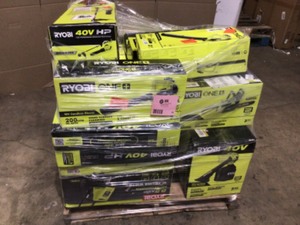 lot 31 image: Mix Lot of assorted Ryobi Jet Blowers, Chainsaws, Lawn Mowers, Review all pictures, Customer returns
