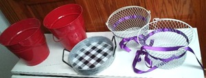 5 Metal Pails, baskets, tray.