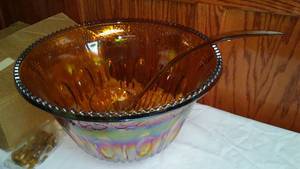 Punch Bowl Set Gold Carnival Glass Iridescent