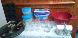 Assorted Kitchen, Colander, Storage And More