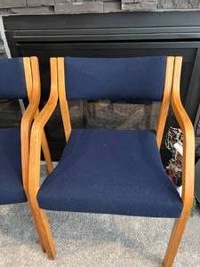 lot 34 image: Set of 4 Stackable Wood Chairs with Blue Fabric