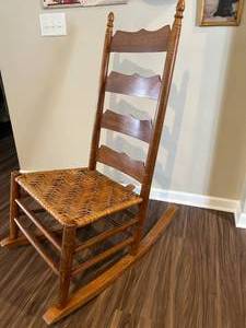 lot 31 image: Wooden Ladder Back Rocking Chair with Woven Seat