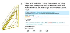 Tri-Arc KDEC115246-Y 15-Step Forward Descent Safety Angle Steel Rolling Industrial & Warehouse Ladder with Perforated Tread, 24 Wide Steps, Yellow Powder Coated Finish