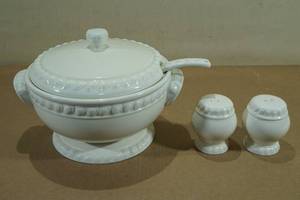lot 188 image: Home Stoneware Soup Tureen with Ladle, Salt & Pepper Shakers
