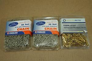 lot 236 image: 2-20ft Iridescent Chains, 1-10ft Flat Link Plumbers Chain