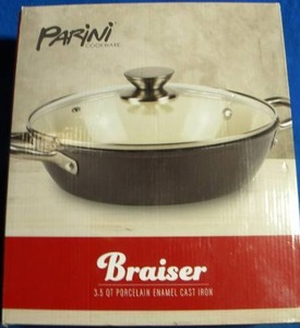 lot 44 image: Parini Gray 3.5 Qt Braised Cooking Pan With Lid Porcelain Enamel Cast Iron