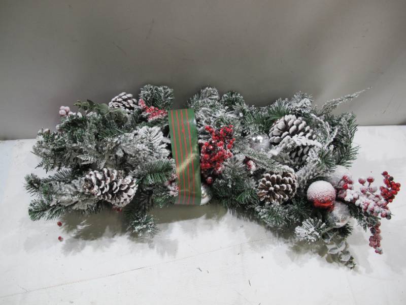 lot 107 image: Vickerman G212215 6 Ft. X 16 In. Flocked Artificial Christmas Green & White Garland With Red & Silver Decorated Ballated Ball & 99 PE-PVC