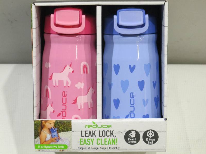 lot 112 image: NEW Reduce Stainless Steel Hydrate Pro Kids Bottle, 14oz, Unicorn & Hearts (2 Pack)