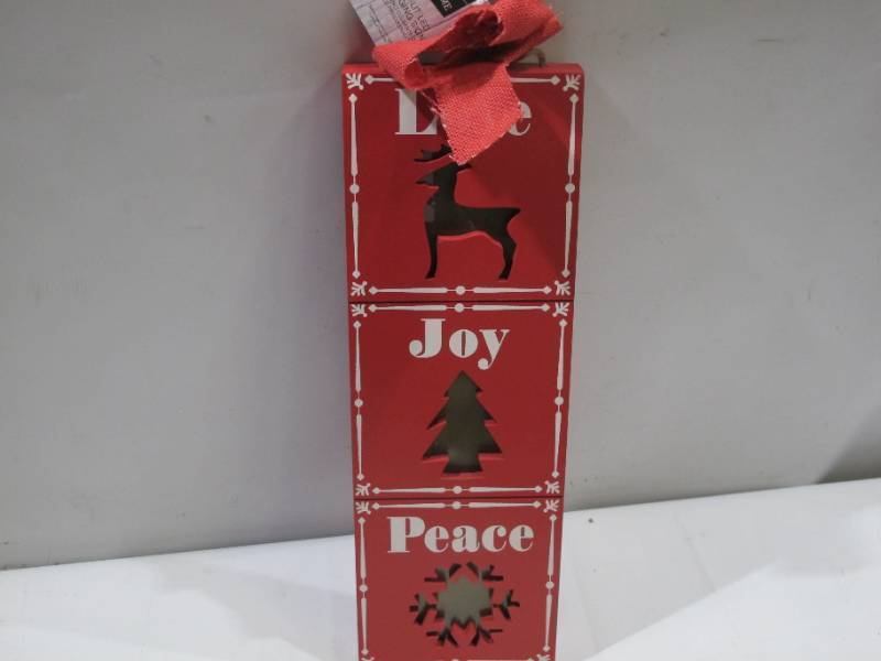 lot 876 image: NEW Celebrations Home Joy-Love-Peace Wooden LED Light Up Sign - Red