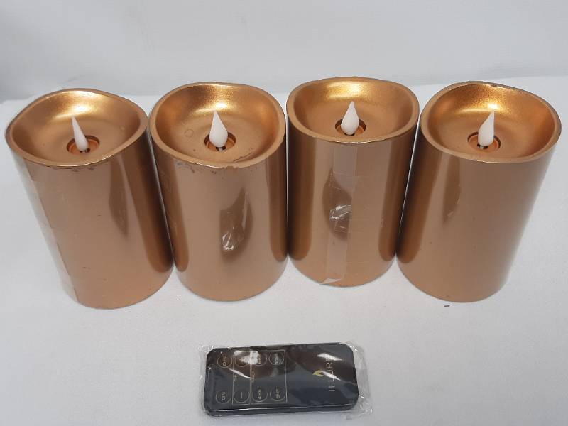 lot 907 image: Illure 4-Pack 5 Inch Lumi360 Battery Operated Candles Copper Gold w Remote