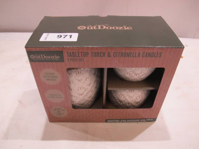 lot 971 image: Outdoozie Gold Ceramic Sunburst Tabletop Torch and Candle Set 3 Piece