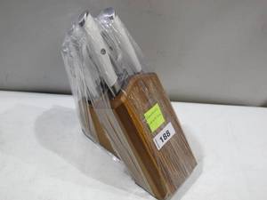 lot 188 image: Cangshan L1 Series German Steel Forged 12-Piece Knife Block Set, Acacia (White) - Cracking Handles