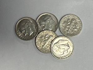 lot 21 image: Lot of 5 Roosevelt Silver Dimes