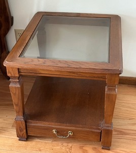 lot 47 image: Glass Top Wood Base Accent Table