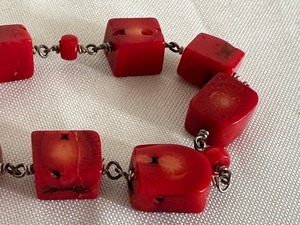 lot 32 image: Red Coral Beaded and Sterling Bracelet