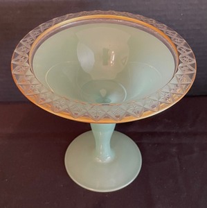 lot 23 image: Vintage Muted Green Pedestal Dish with Gold Accents