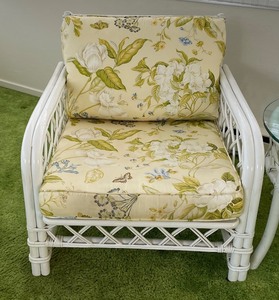 lot 10 image: Pair of Vintage Wicker Chairs and a Matching Round Glass Top Table