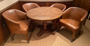 lot 13 image: Vintage Game Table with 4 Rivet Accented Chairs on Casters