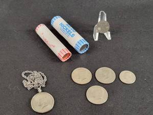 Missouri Tax Token, Roll of Nickels, Roll of Pennies, Half Dollars and Bi-Centennial Quarter