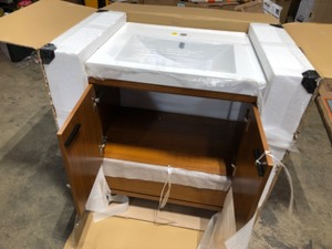 Timeless Home 30 in. W Single Bath Vanity in Teak with Resin Vanity Top in White with White Basin, Customer return, Review all pictures