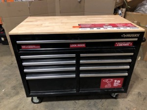 Husky 46 in. W x 24.5 in. D Standard Duty 9-Drawer Mobile Workbench Tool Chest with Solid Wood Top in Gloss Black, Scratches, Review all pictures