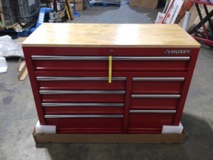 Husky 42 in. W x 18.1 in. D 8-Drawer Red Mobile Workbench Cabinet with Solid Wood Top, Customer return, Review all pictures