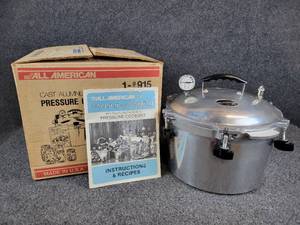 lot 67 image: Vintage Used All American Model 915 Cast Aluminum Pressure CannerCooker in Original Box with Instructions
