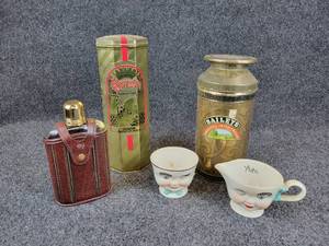 lot 137 image: Lot of Alcohol Tins, Flask, and Baileys Cups