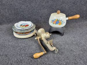 lot 140 image: Lot of Vintage Kitchen Items - Fondue Pot, Grinder, and Collector Plates - NO SHIPPING