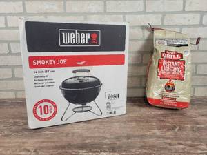 lot 209 image: NEW in Box WEBER Smokey Joe Charcoal Grill w 6lb Bag of Charcoal