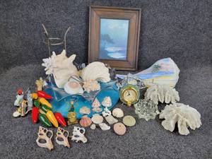 lot 148 image: Lot of Misc. Home Dcor - Sea Shells, Synthetic Coral, Framed Print, Glass Dish, and More