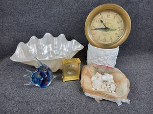 lot 150 image: Lot of Misc. Home Dcor - Fish Paperweight, Clocks, and Seashell-themed dcor