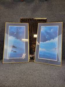 lot 151 image: Pair of Matted & Framed Ocean-Themed Prints and Large Mirror