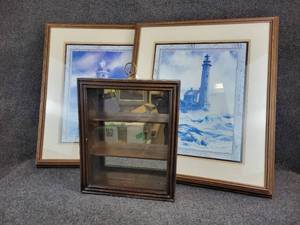 lot 152 image: Pair of Matted & Framed Lighthouse Prints and Small Hanging Curio Cabinet