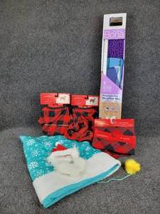 lot 157 image: Lot of NEW Pet items - Crinkle Cat Sack, Pet Pajamas, Bandanas, Cat HatBeard Combo, and Bona Pet System Pet Microfiber Mop