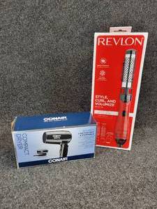 lot 162 image: NEW Revlon Style, Curl & Volumize Hot Air Kit and NEW Conair 1875 Watt Compact Dryer
