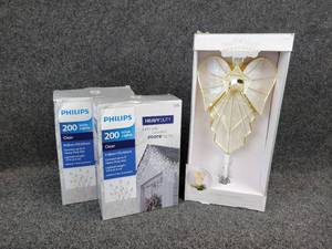 lot 166 image: Lot of NEW Christmas Decorations - Lit Tree Topper and (2) Boxes of 200 Heavy Duty Philips IndoorOutdoor White Icicle Lights